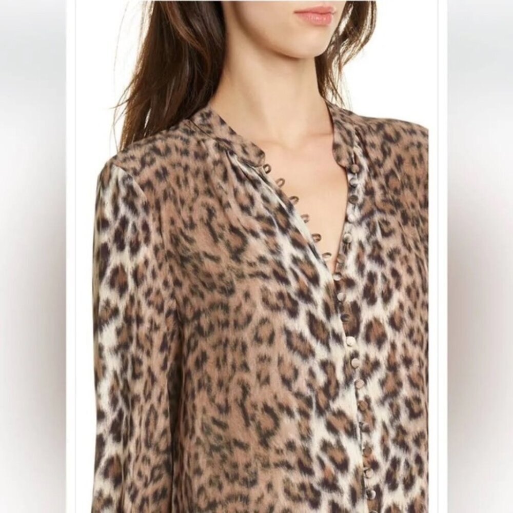 NWOT joie 100% SILK TARIANA Leopard Light Taupe Covered Button up LS Blouse XXS